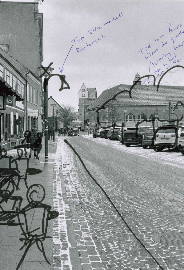Skiss från uppdragsgivare i Lund — anteckningar direkt på platsens fotografi